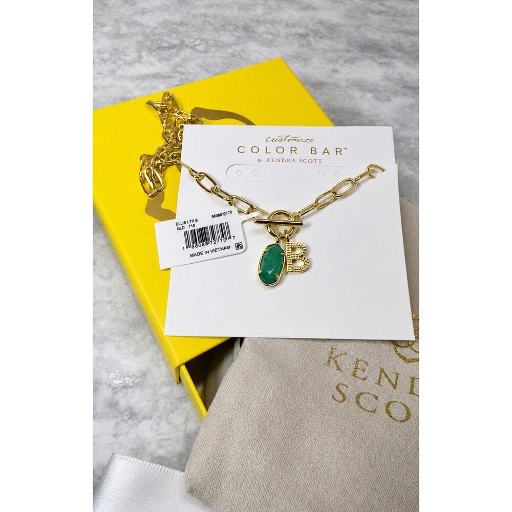 Kendra Scott Ellie Gold Letter Link Chain Emerald Cat Eye Color Bar Necklace NWT